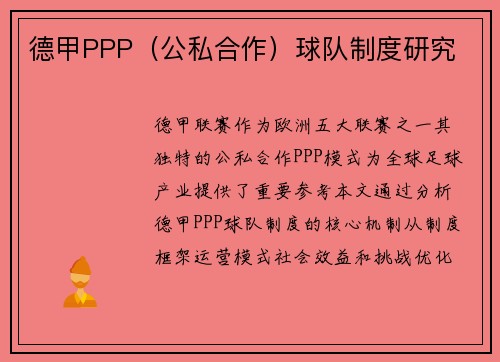 德甲PPP（公私合作）球队制度研究