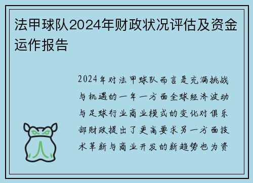 法甲球队2024年财政状况评估及资金运作报告